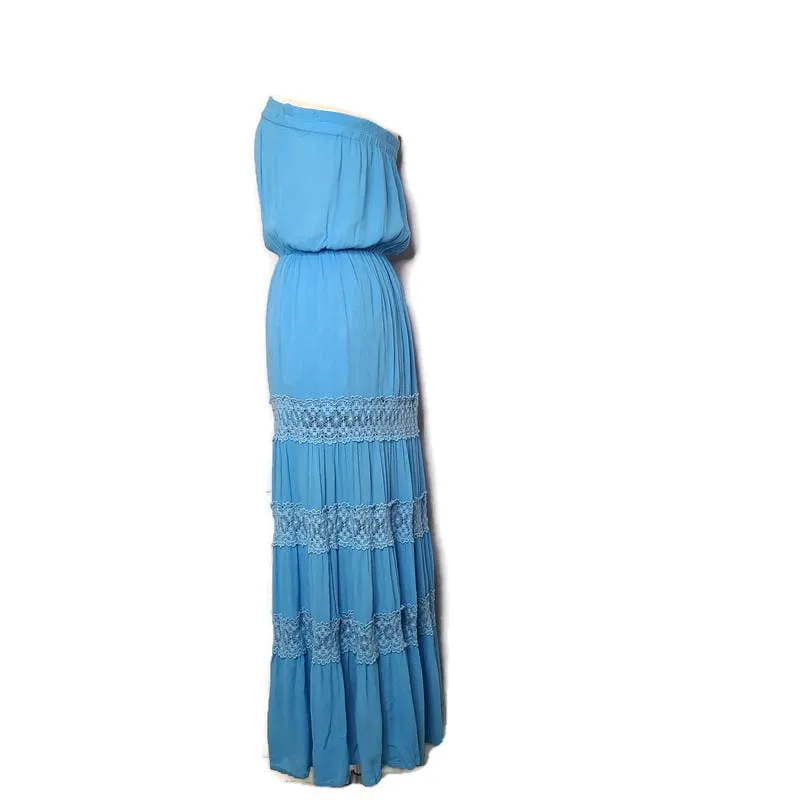 00's Blue Gauze Strapless Maxi Dress by Moda Intl