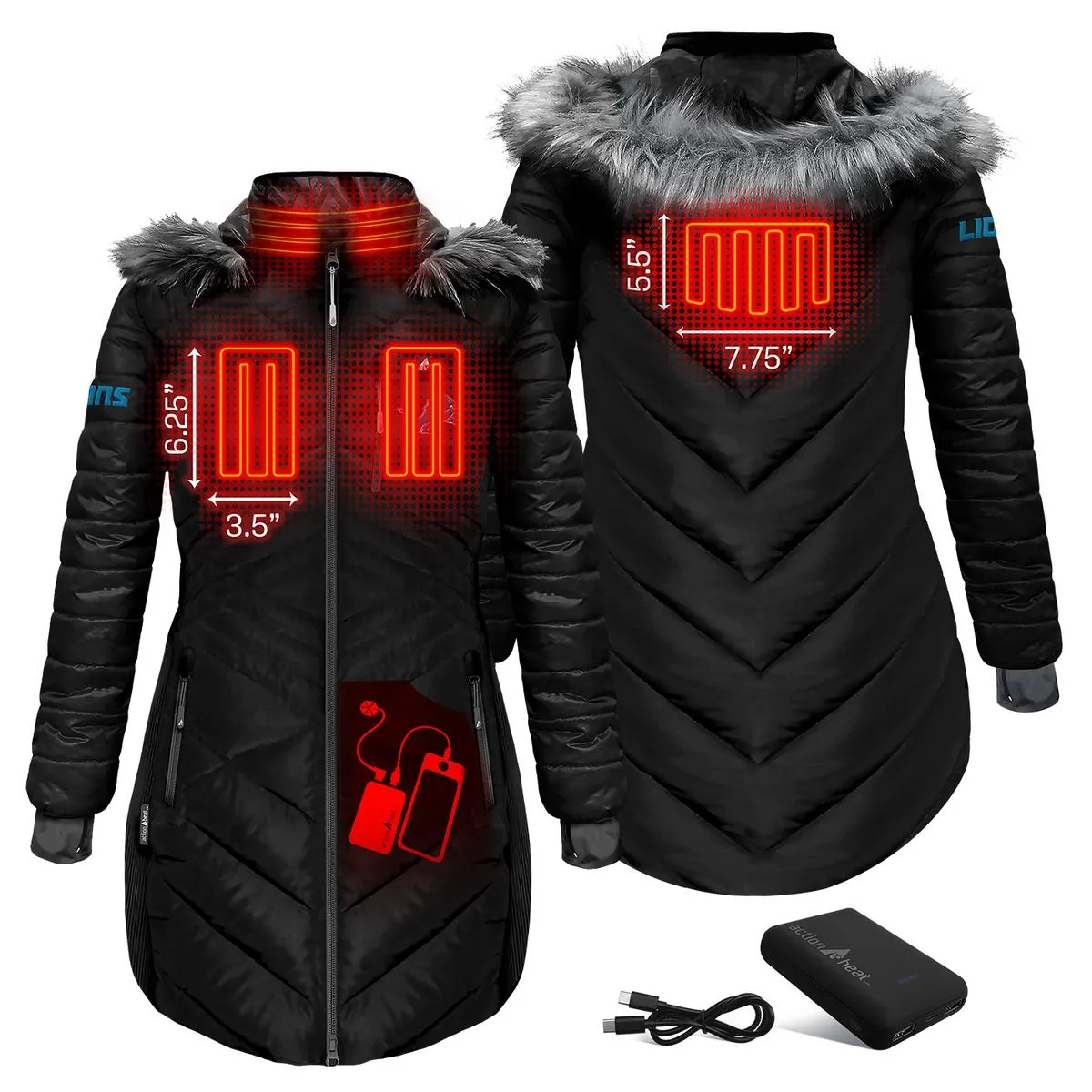 ActionHeat Detroit Lions 5V Women's Long Puffer Battery Heated Jacket