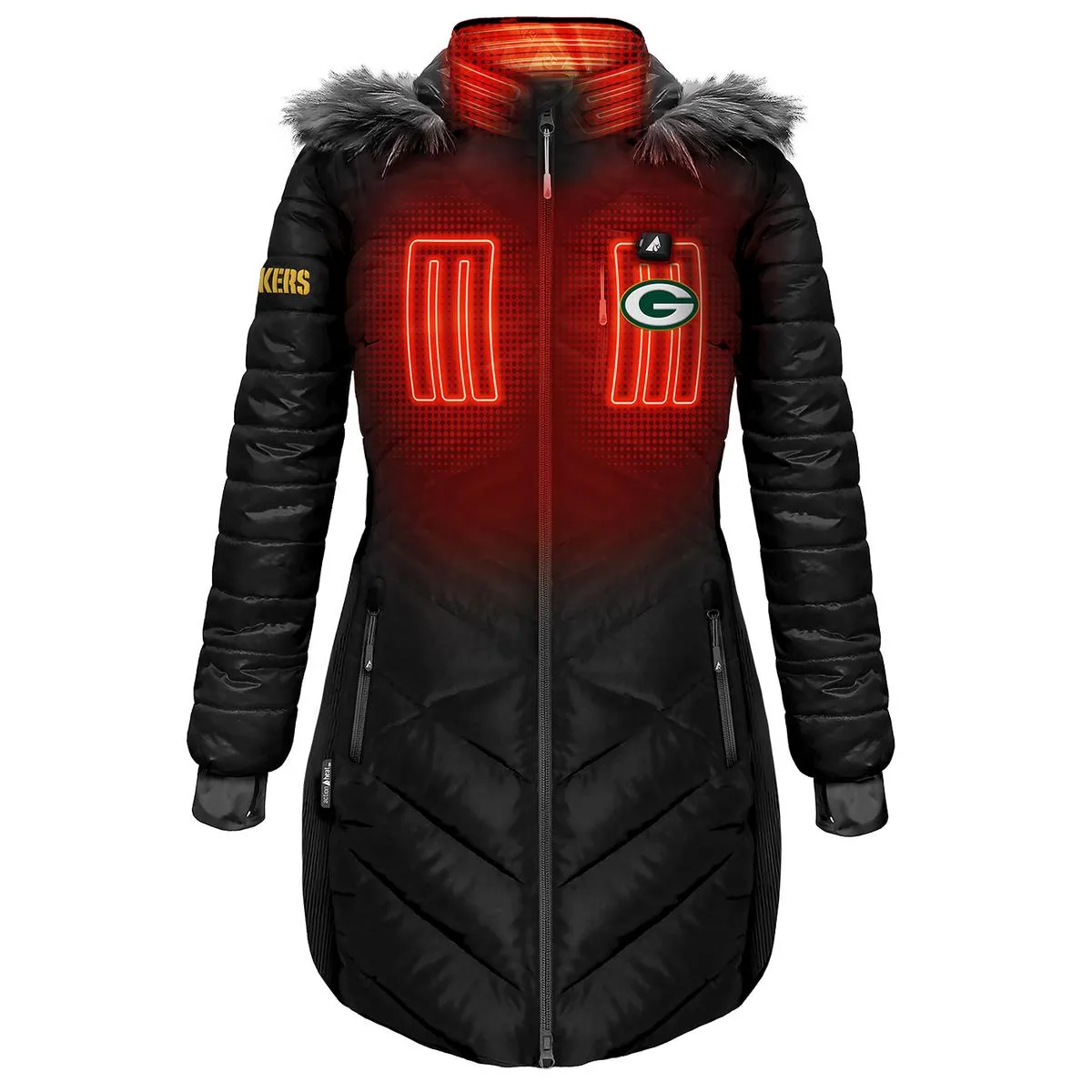 ActionHeat Green Bay Packers 5V Women's Long Puffer Battery Heated Jacket