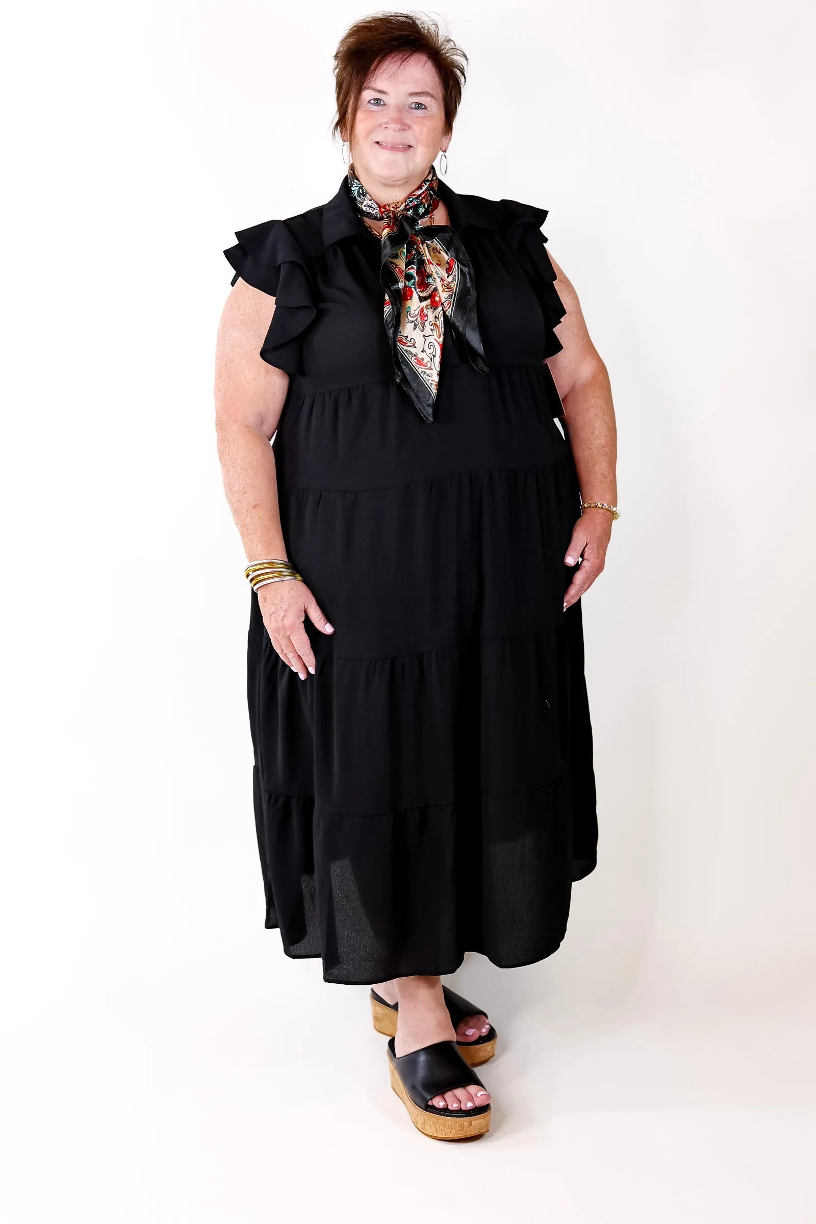 All Of A Sudden Tiered Midi Dress with Ruffle Cap Sleeves in Black