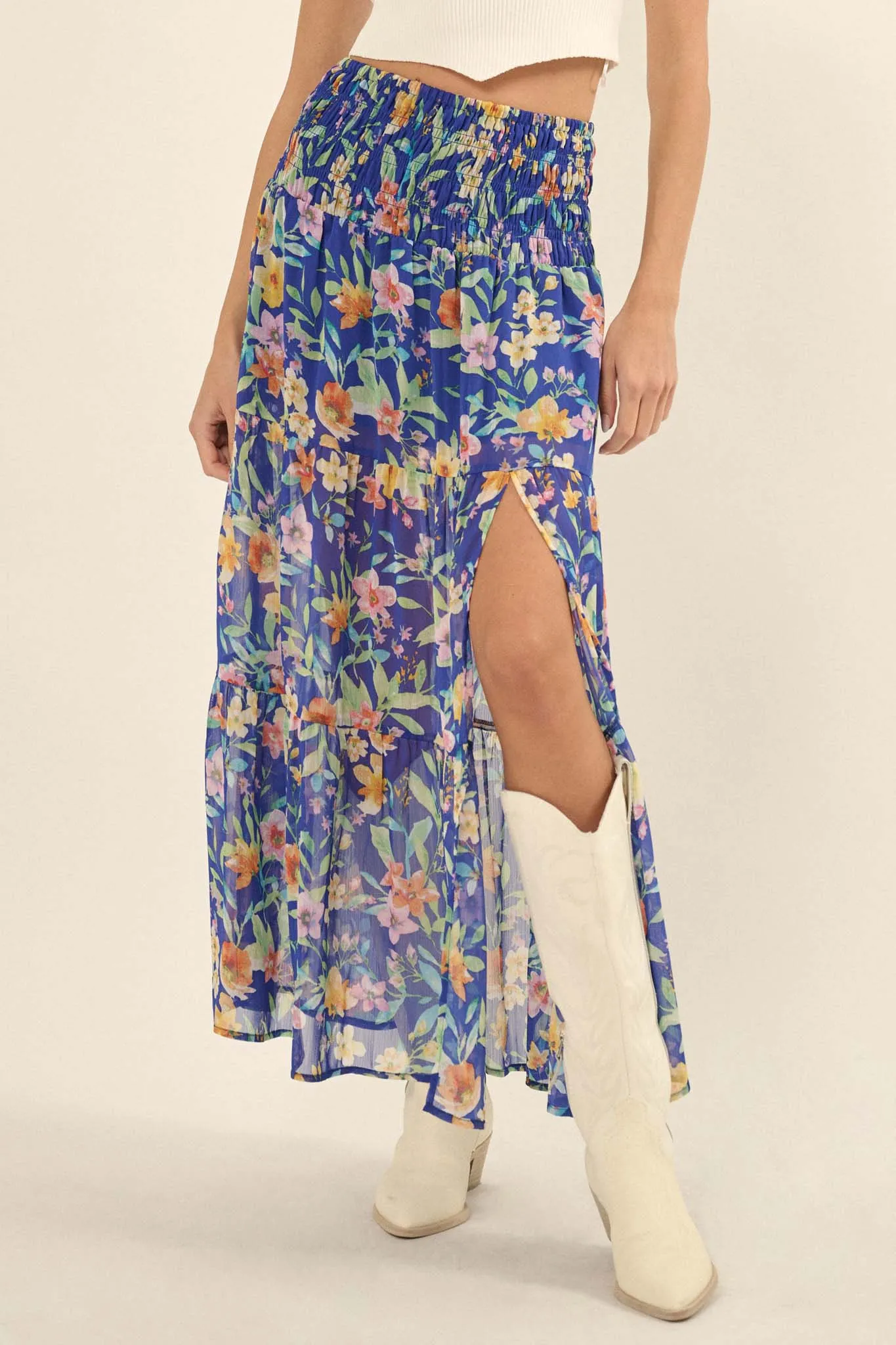 Bahama Mama Floral Chiffon Tiered Maxi Skirt