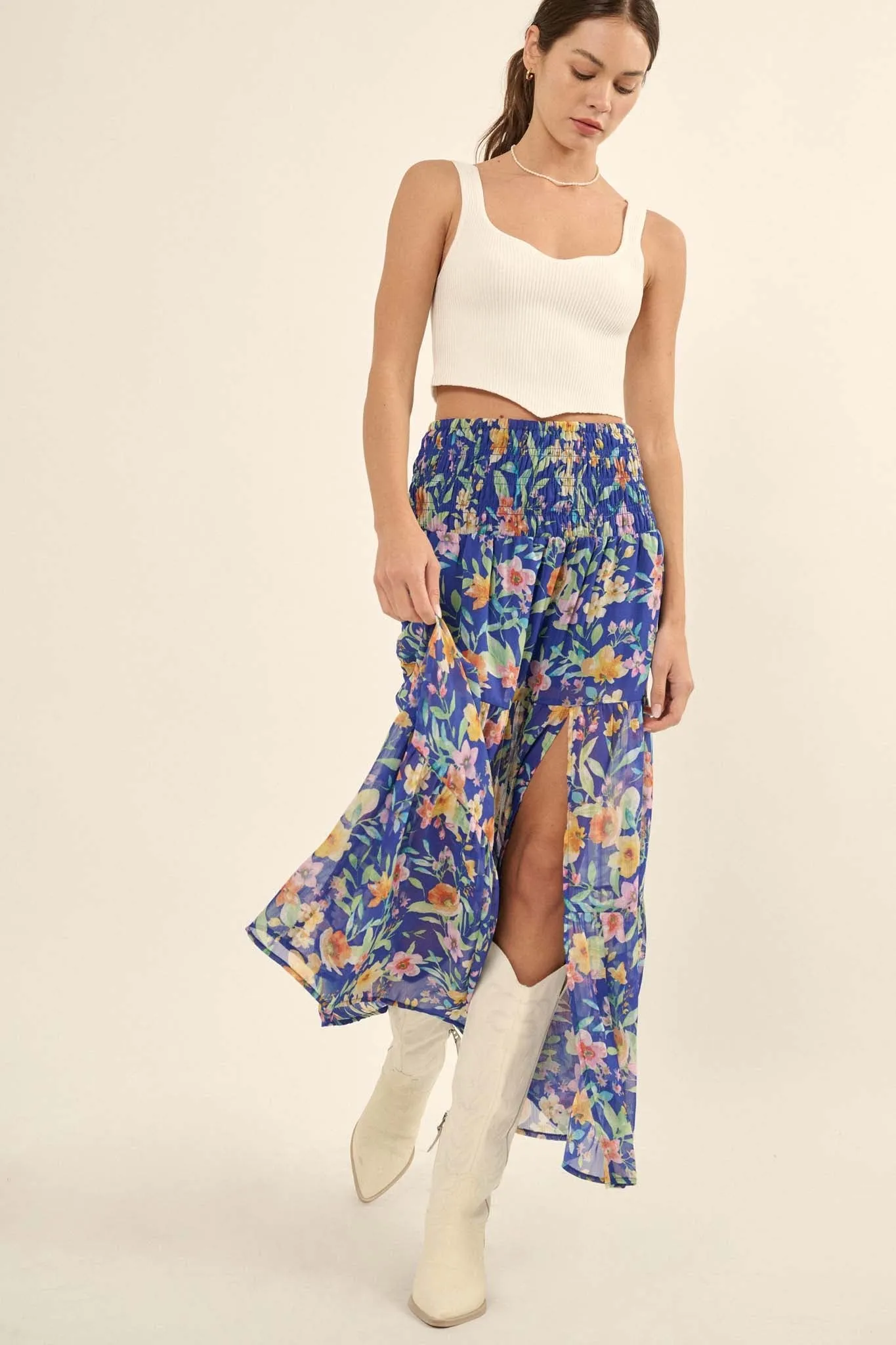 Bahama Mama Floral Chiffon Tiered Maxi Skirt
