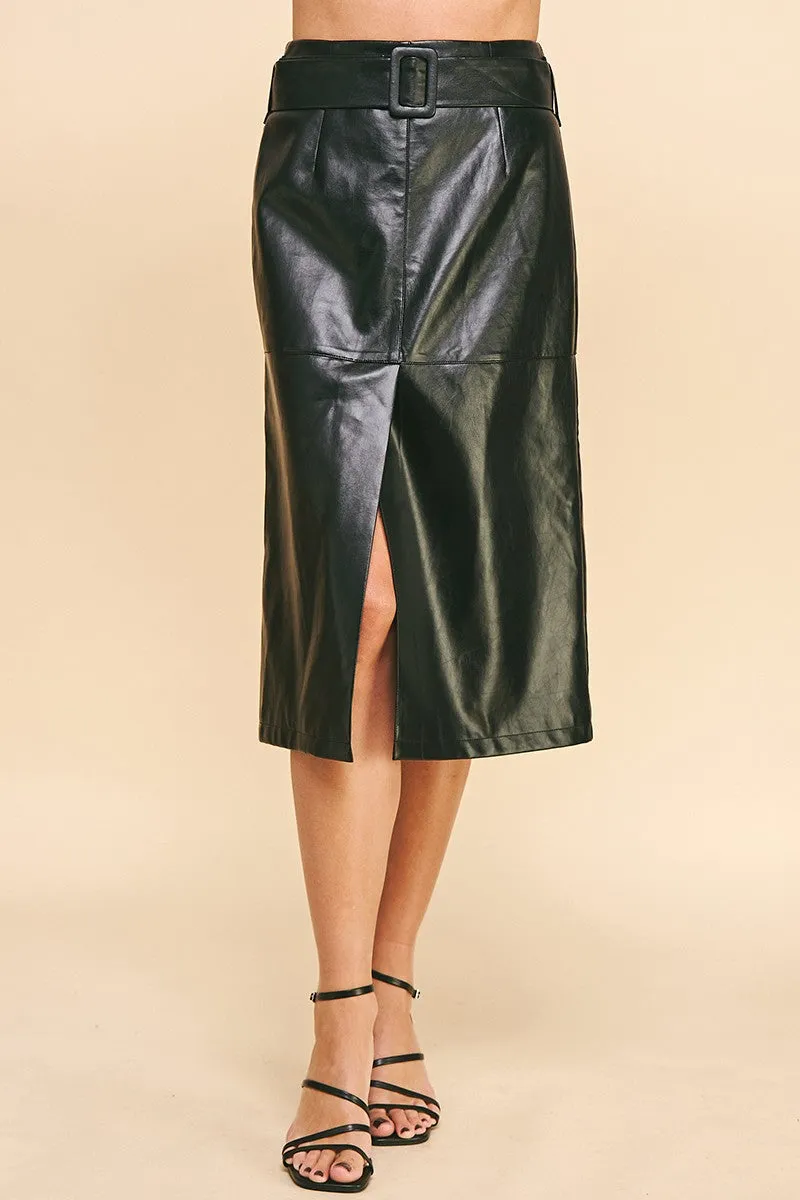 BELTED LEATHER MIDI SKIRT