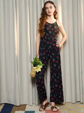 Berrylush Women Black Floral Print Shoulder Straps Basic Jumpsuit