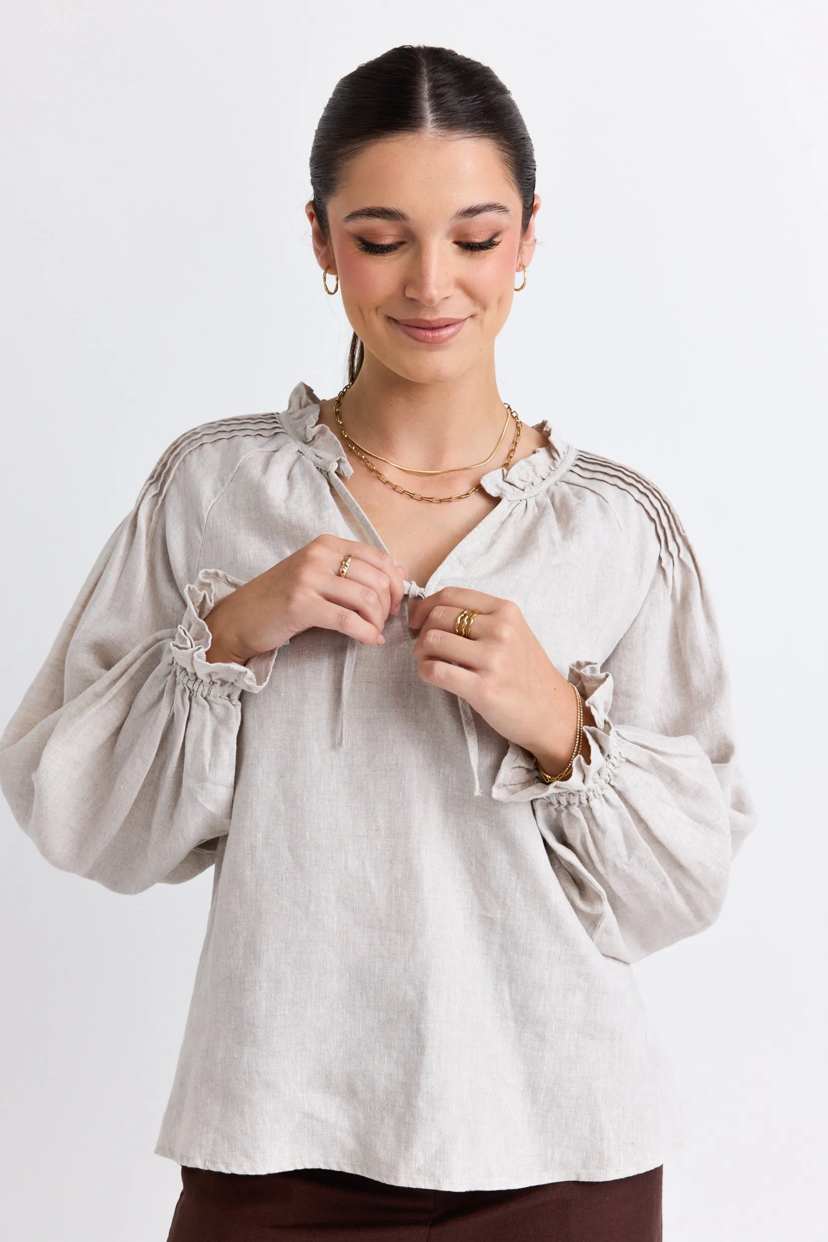 Birch Natural Linen Pintuck Shoulder Tie Neck Top