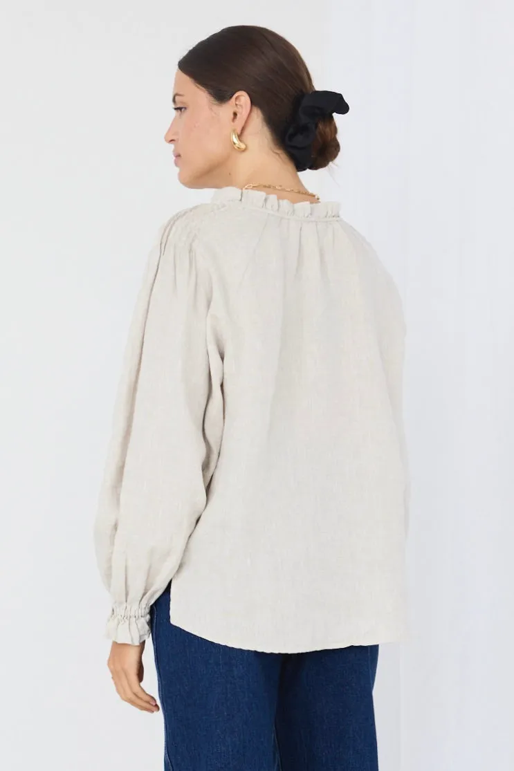 Birch Natural Linen Pintuck Shoulder Tie Neck Top