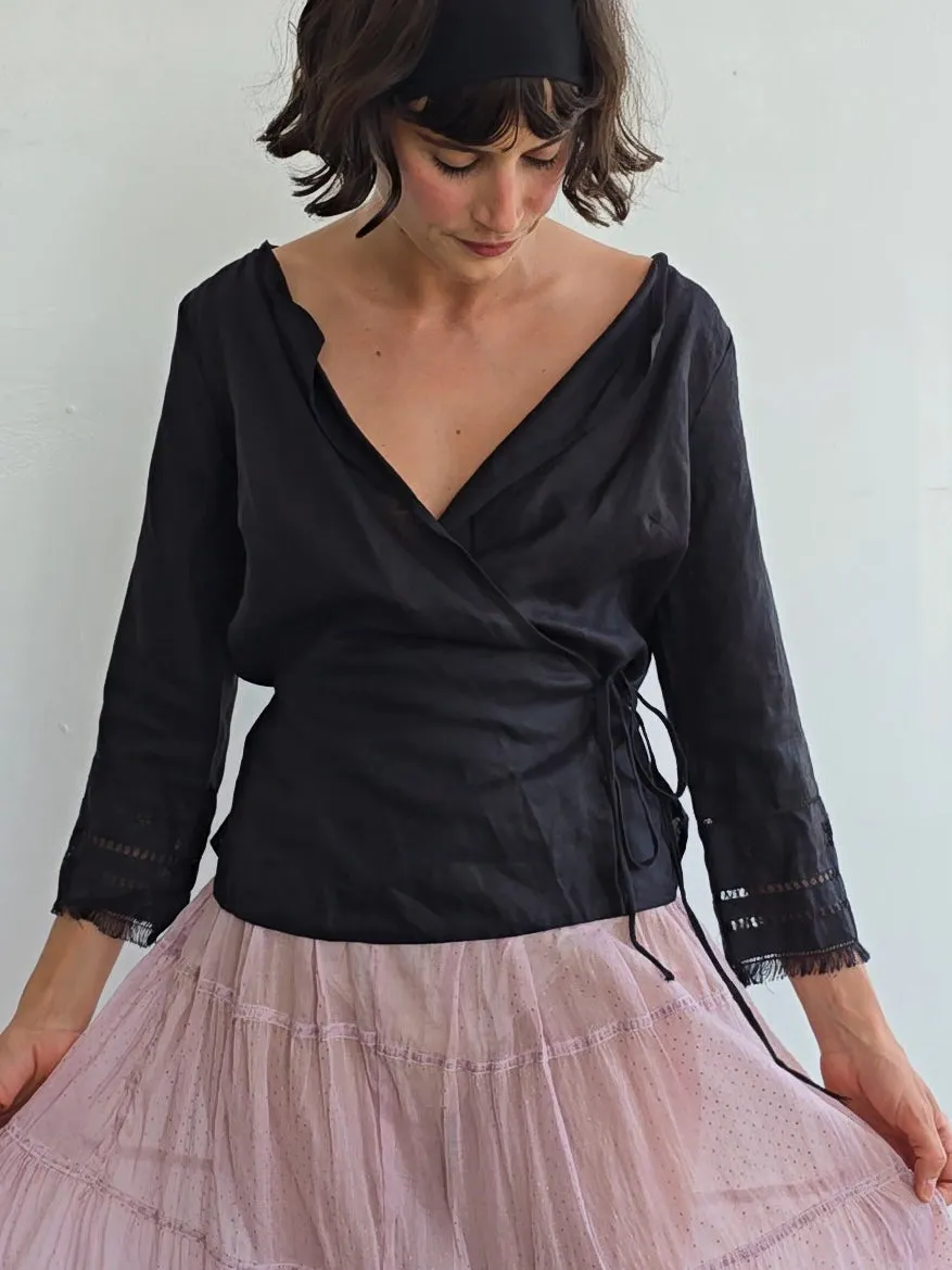 Black Wrap Linen Blouse (L)