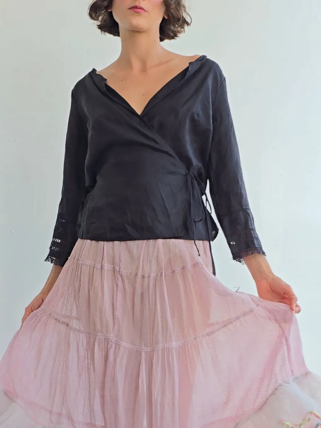 Black Wrap Linen Blouse (L)