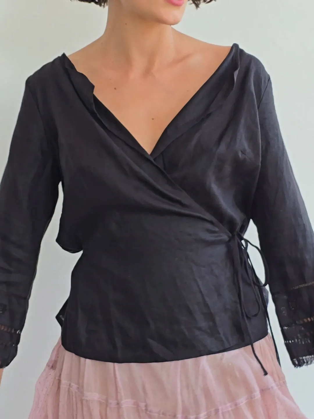 Black Wrap Linen Blouse (L)