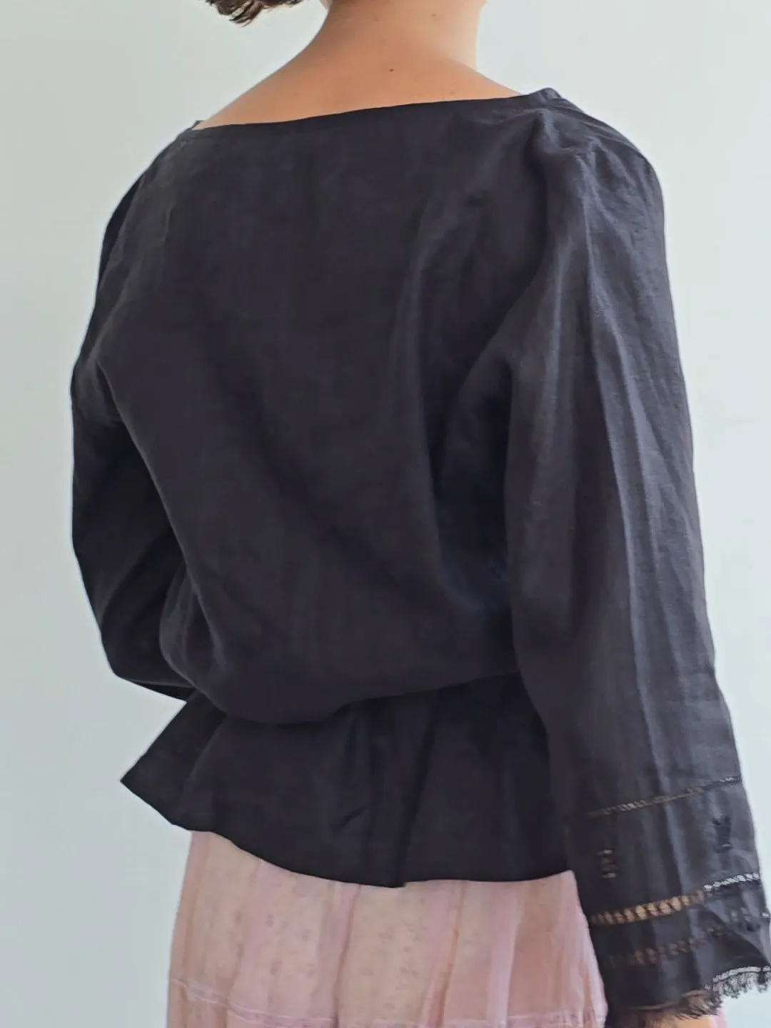 Black Wrap Linen Blouse (L)