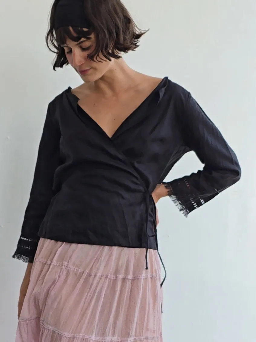 Black Wrap Linen Blouse (L)
