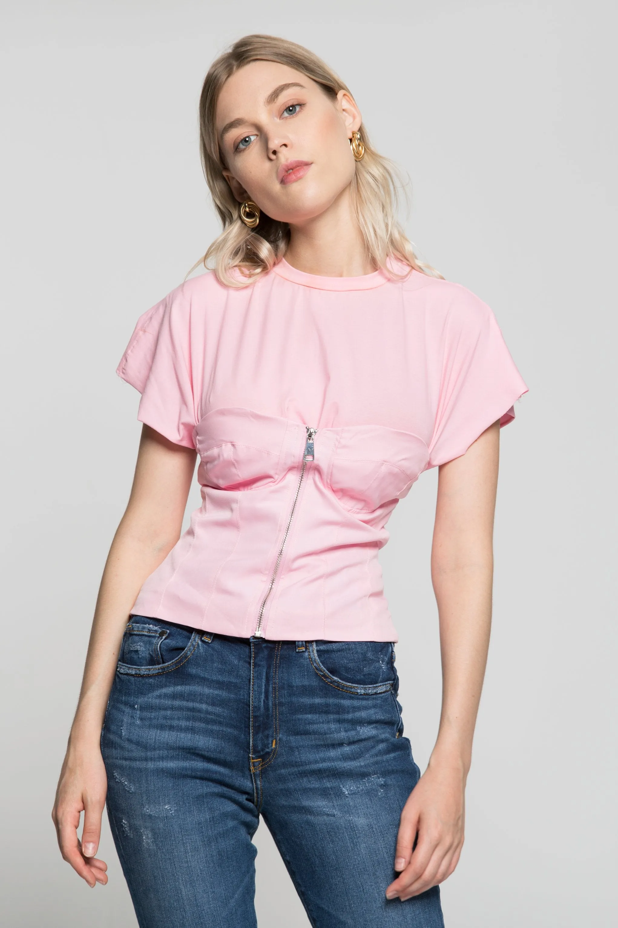 Bubblegum Pink Zip Up Sweetheart Neck Over T-Shirt Top