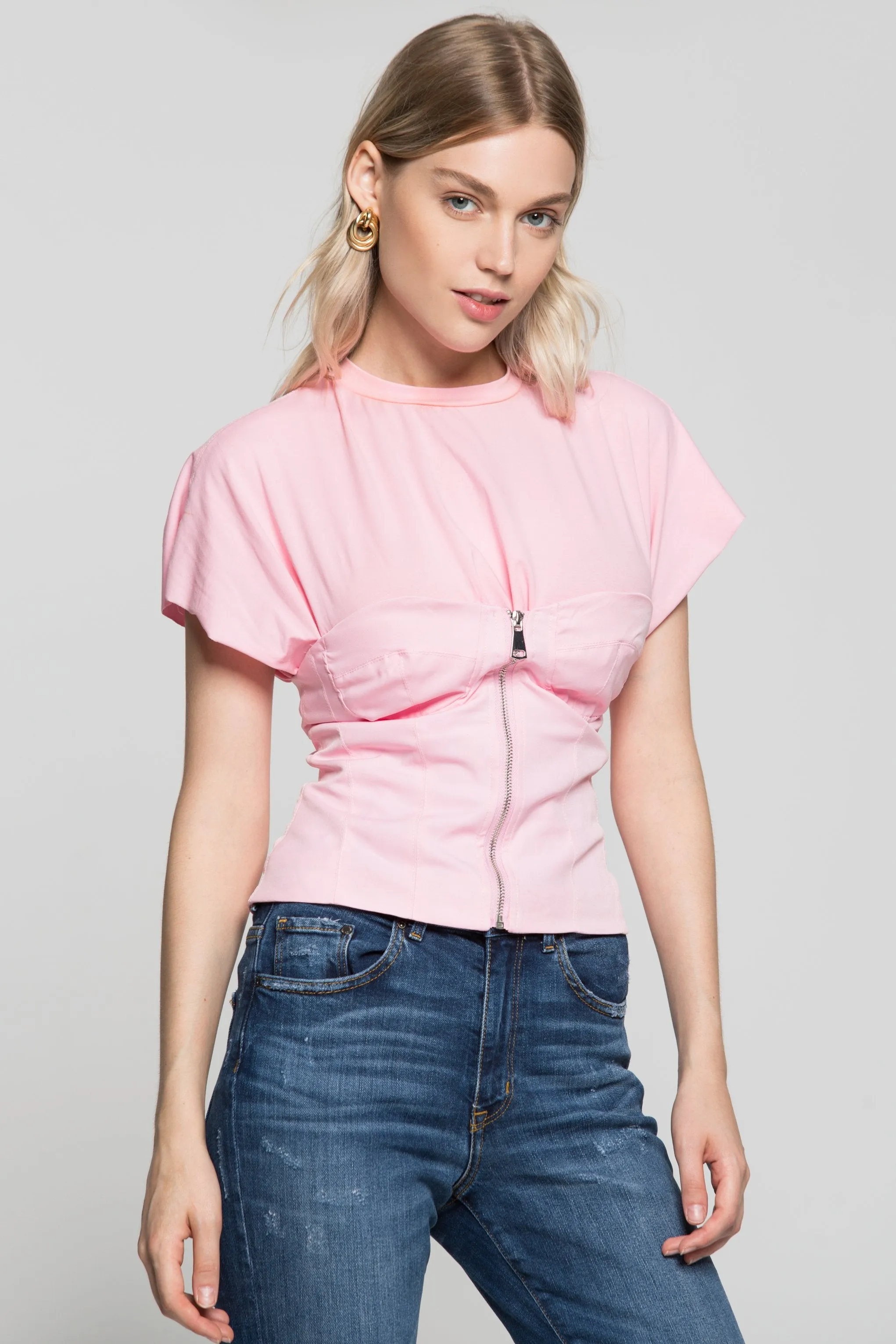 Bubblegum Pink Zip Up Sweetheart Neck Over T-Shirt Top