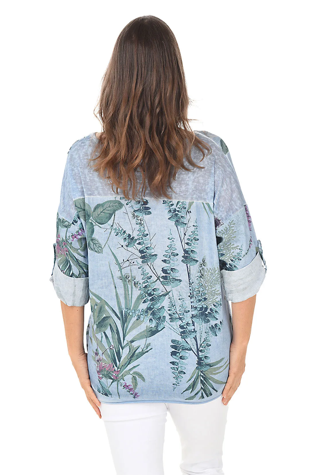 Chambray Sage Roll-Tab Linen Blouse