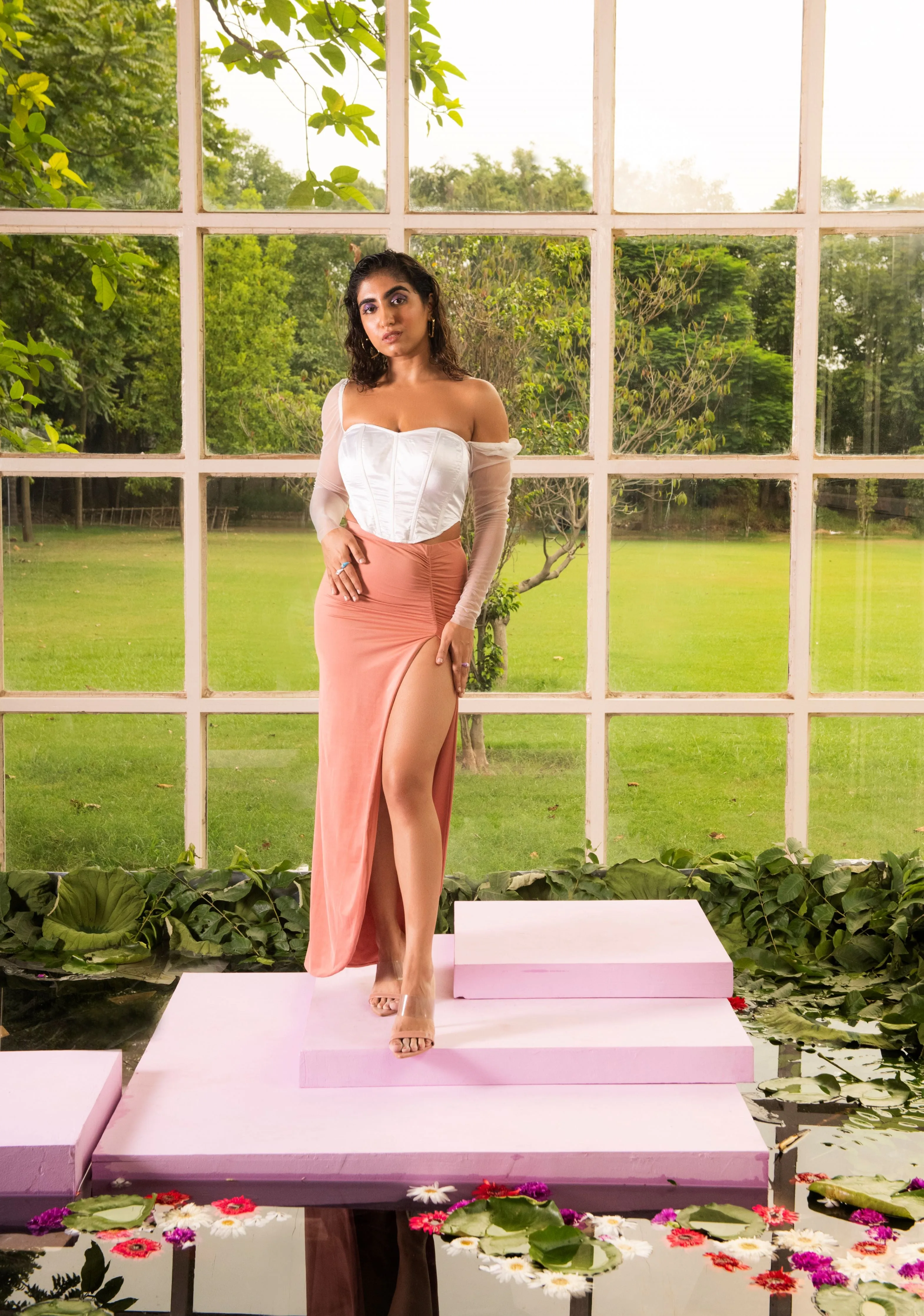 Charlene Blush Ruched Slit Maxi Skirt Fit Sample