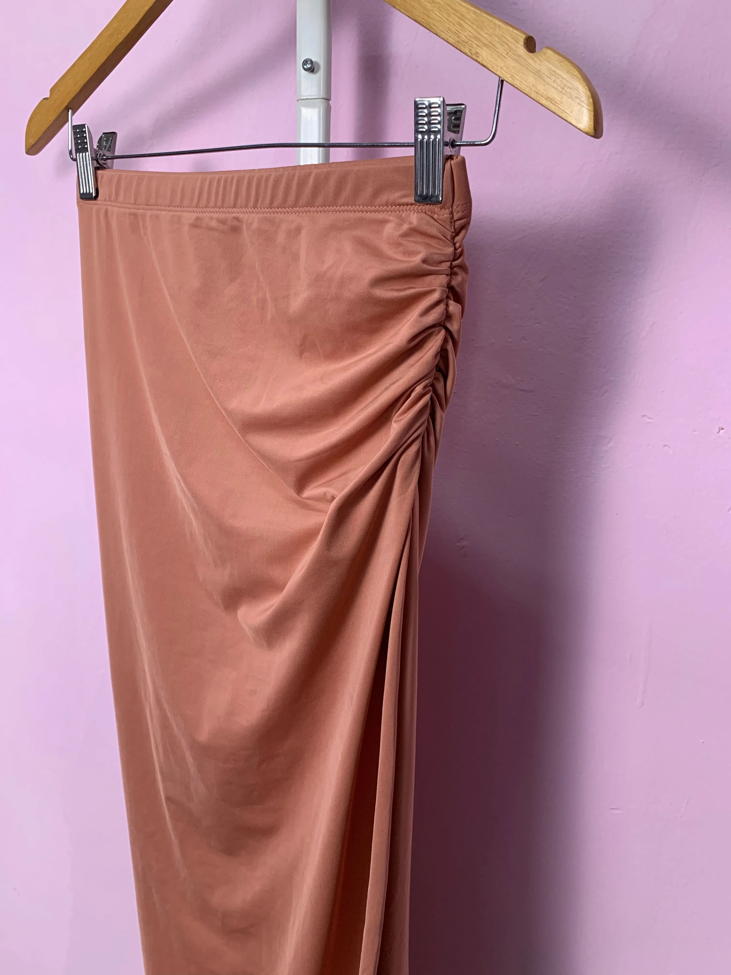 Charlene Blush Ruched Slit Maxi Skirt Fit Sample