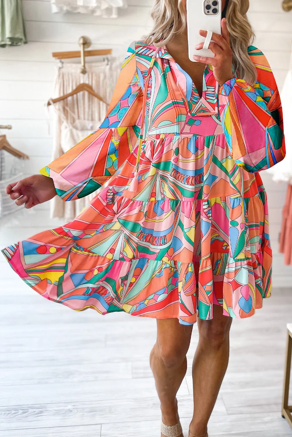 Chic Print Tie Neck Mini Dress