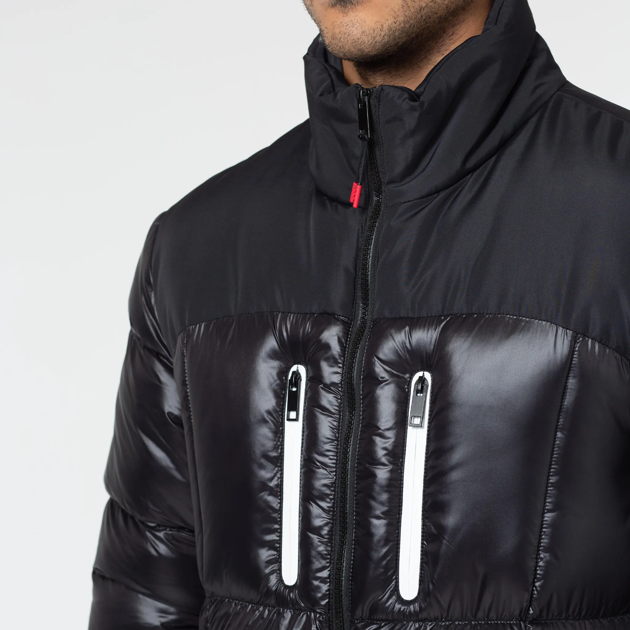 Contrast Zipped Funnel Neck Puffer Jacket | Black Shine