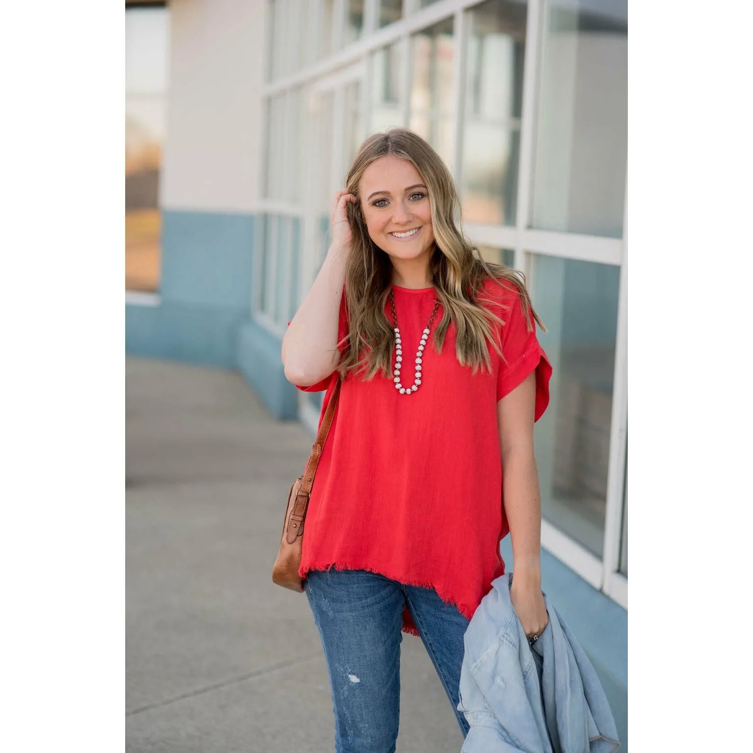Cuff Sleeved Bottom Fringe Blouse