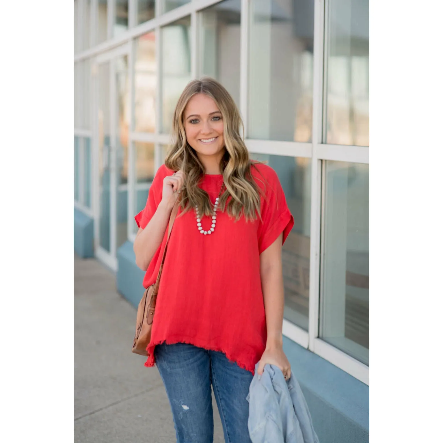 Cuff Sleeved Bottom Fringe Blouse
