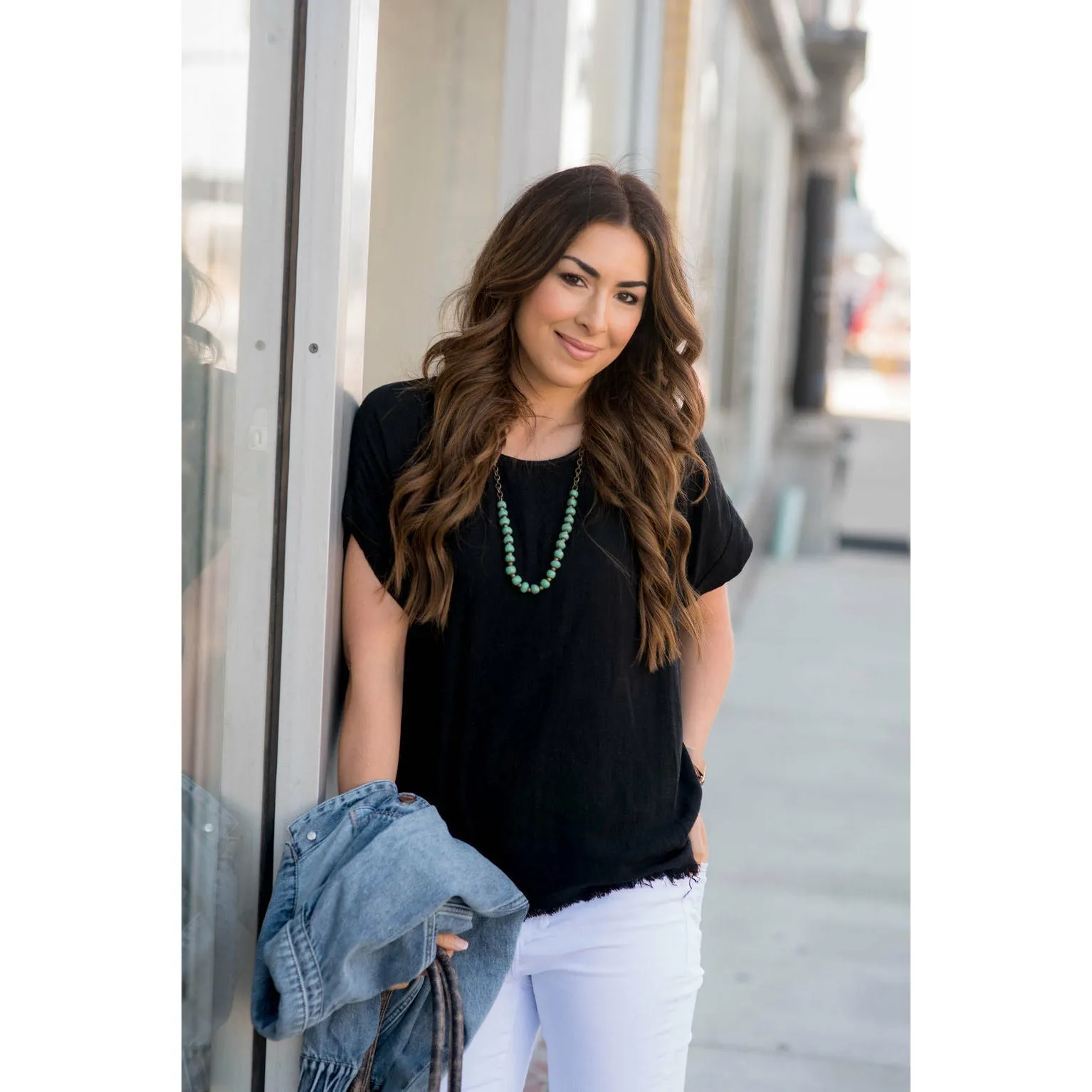 Cuff Sleeved Bottom Fringe Blouse