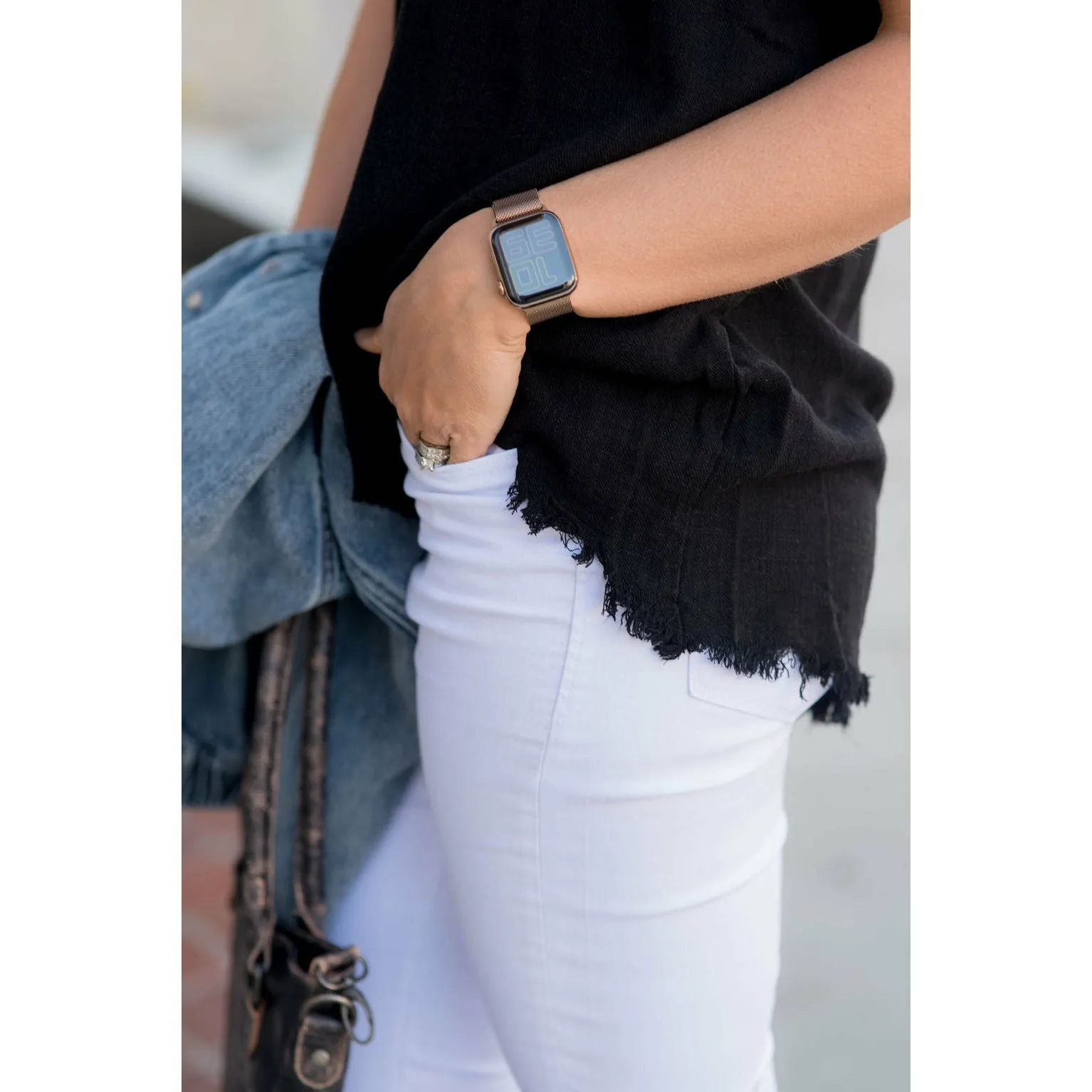 Cuff Sleeved Bottom Fringe Blouse