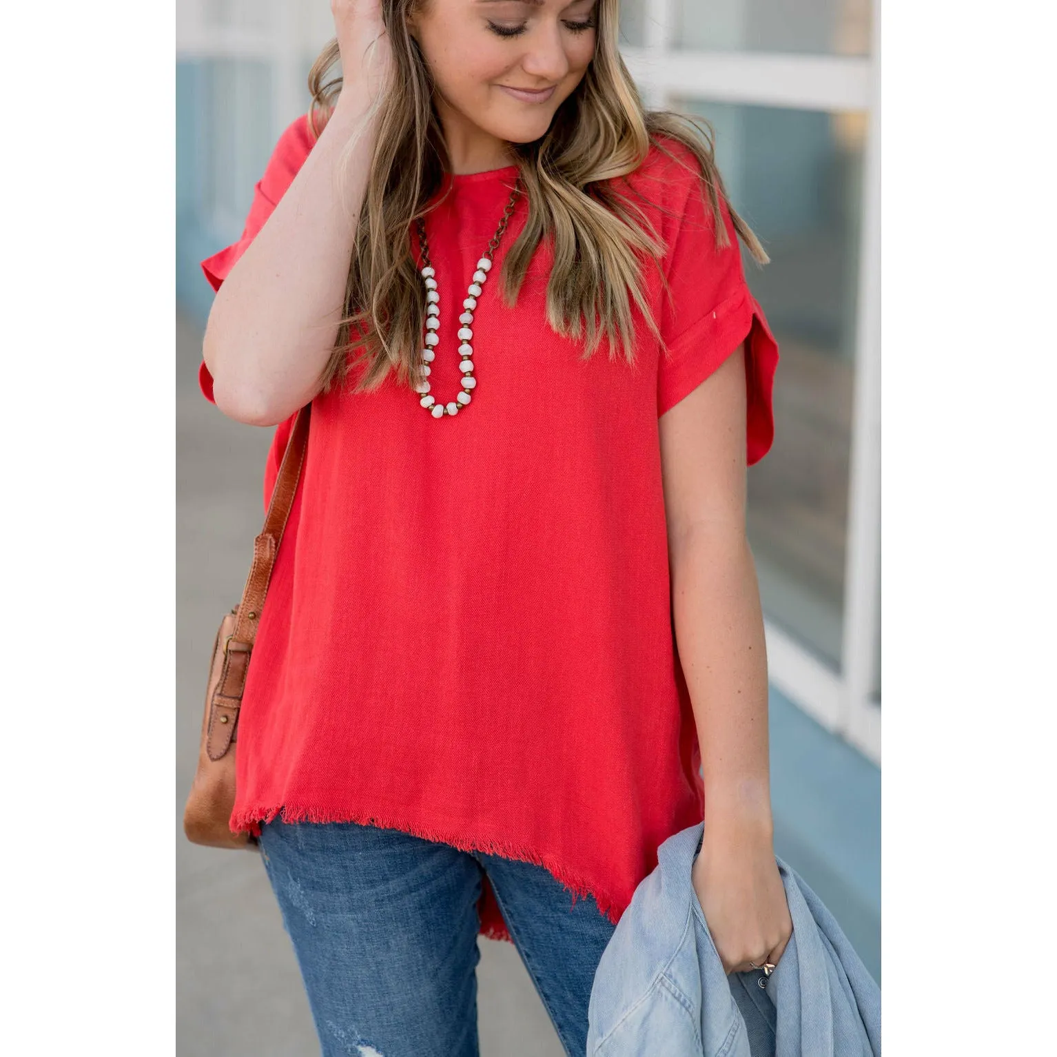 Cuff Sleeved Bottom Fringe Blouse