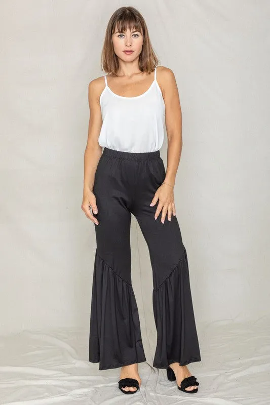 Diagonal Trim Ruffle Hem Wide Leg Pants