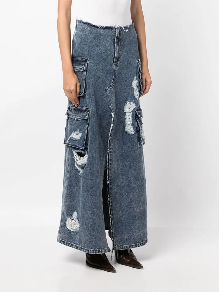 Distressed Denim Cargo Skirt
