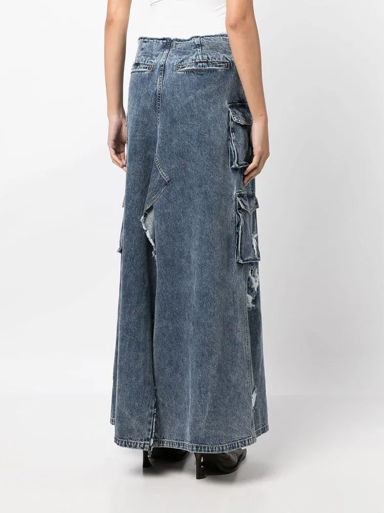 Distressed Denim Cargo Skirt