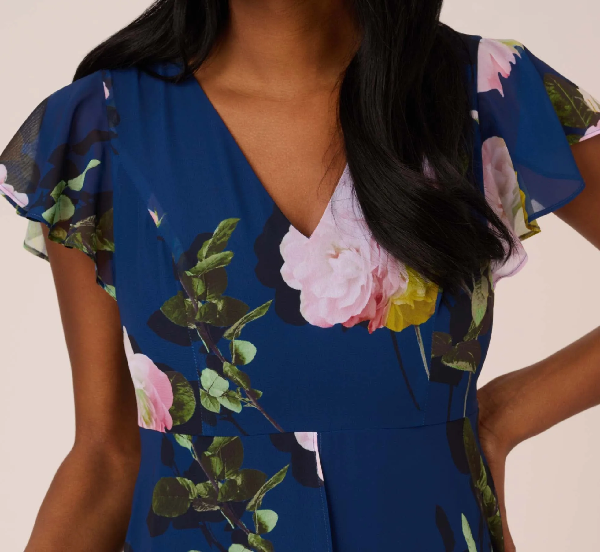 Floral Print Chiffon Cropped Jumpsuit In Navy Multi