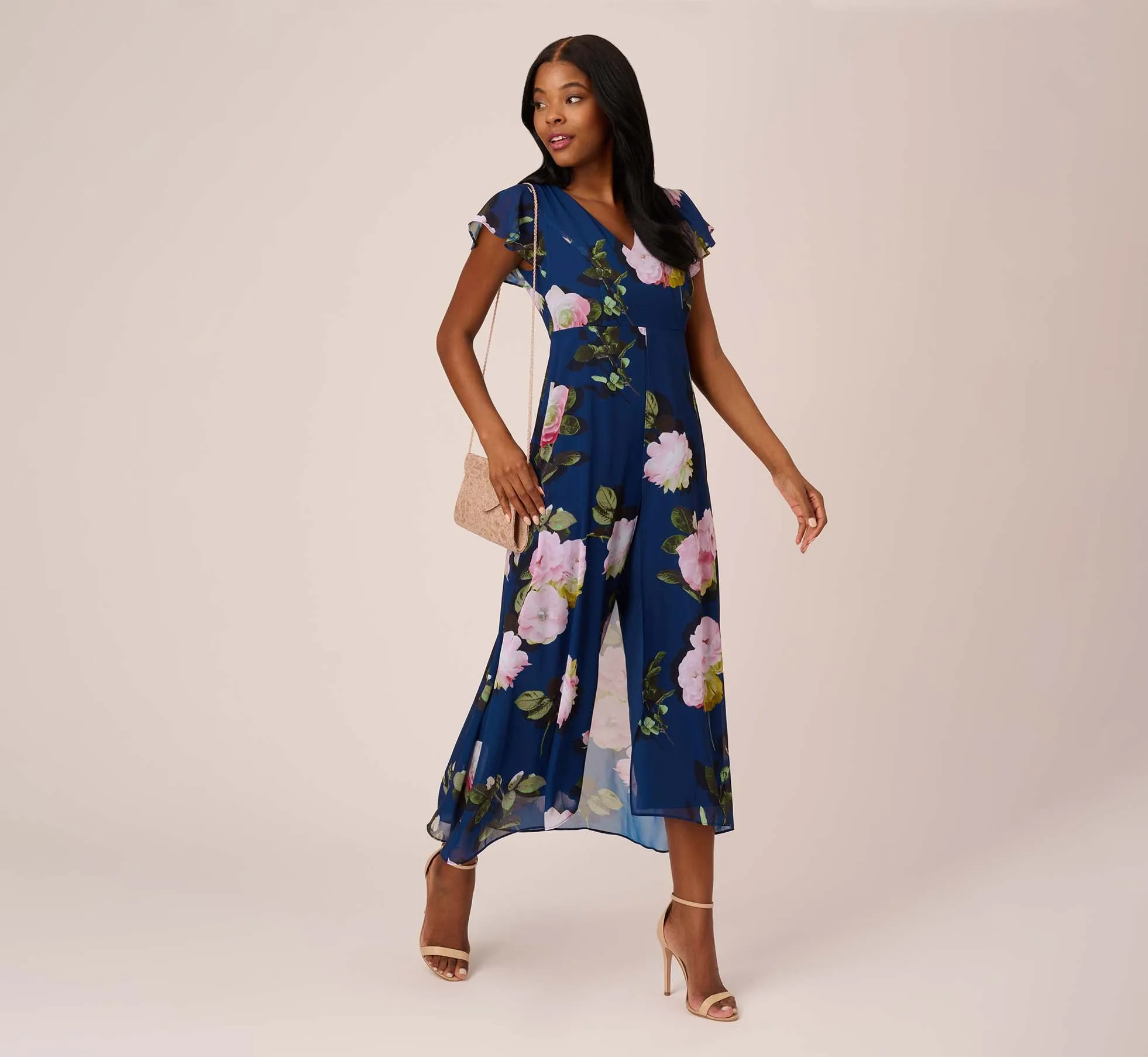 Floral Print Chiffon Cropped Jumpsuit In Navy Multi