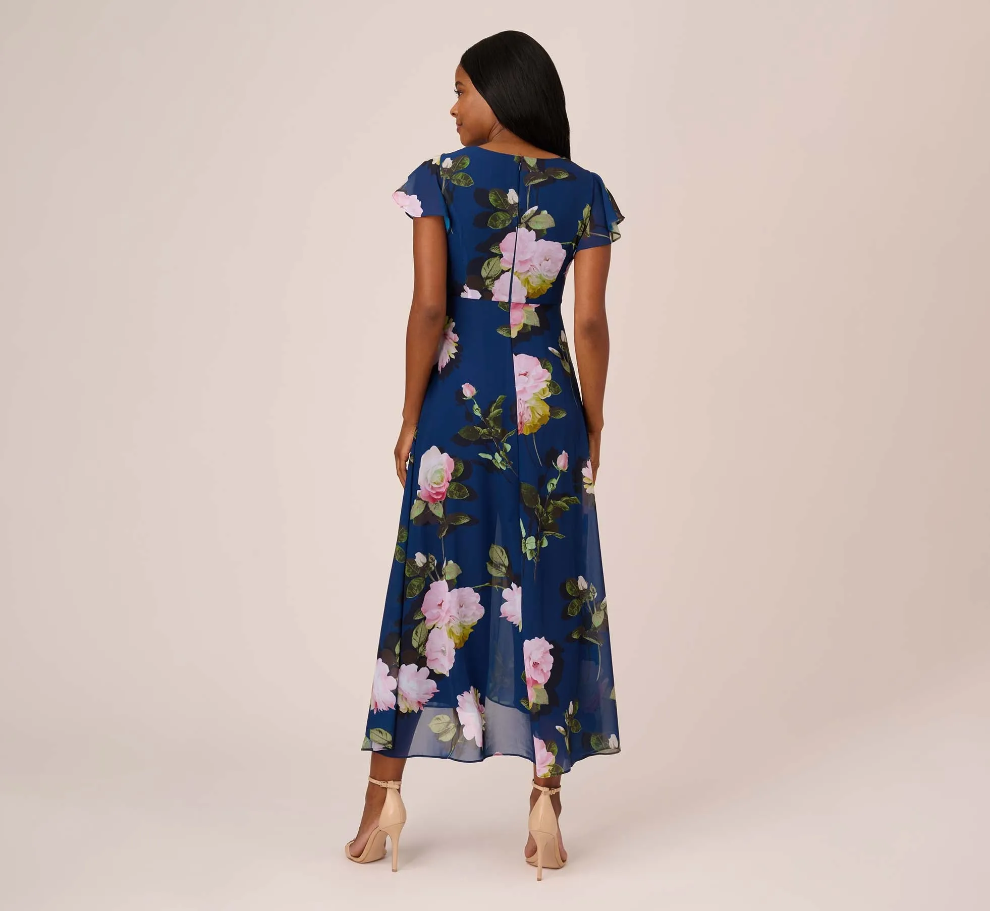 Floral Print Chiffon Cropped Jumpsuit In Navy Multi
