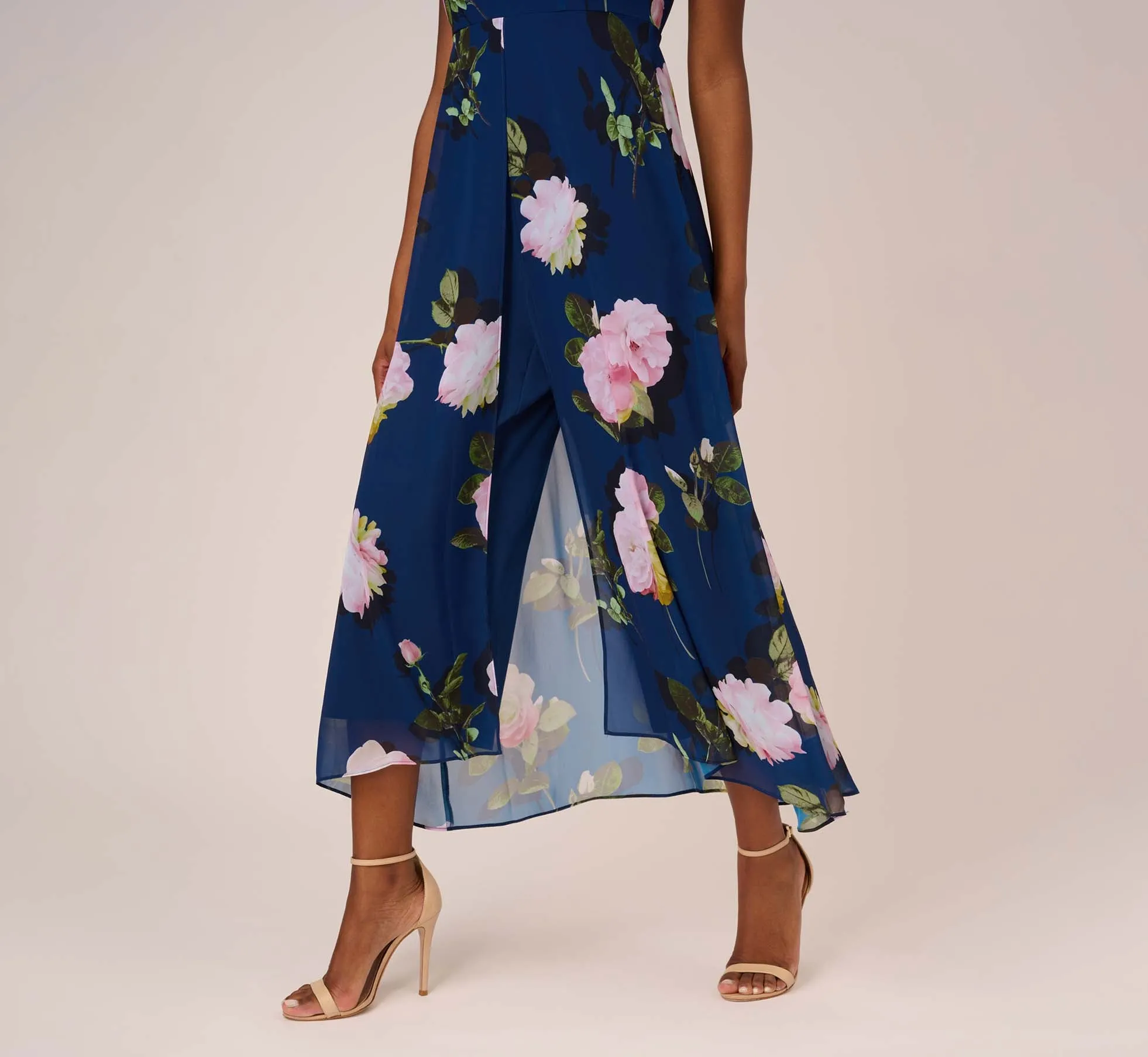 Floral Print Chiffon Cropped Jumpsuit In Navy Multi