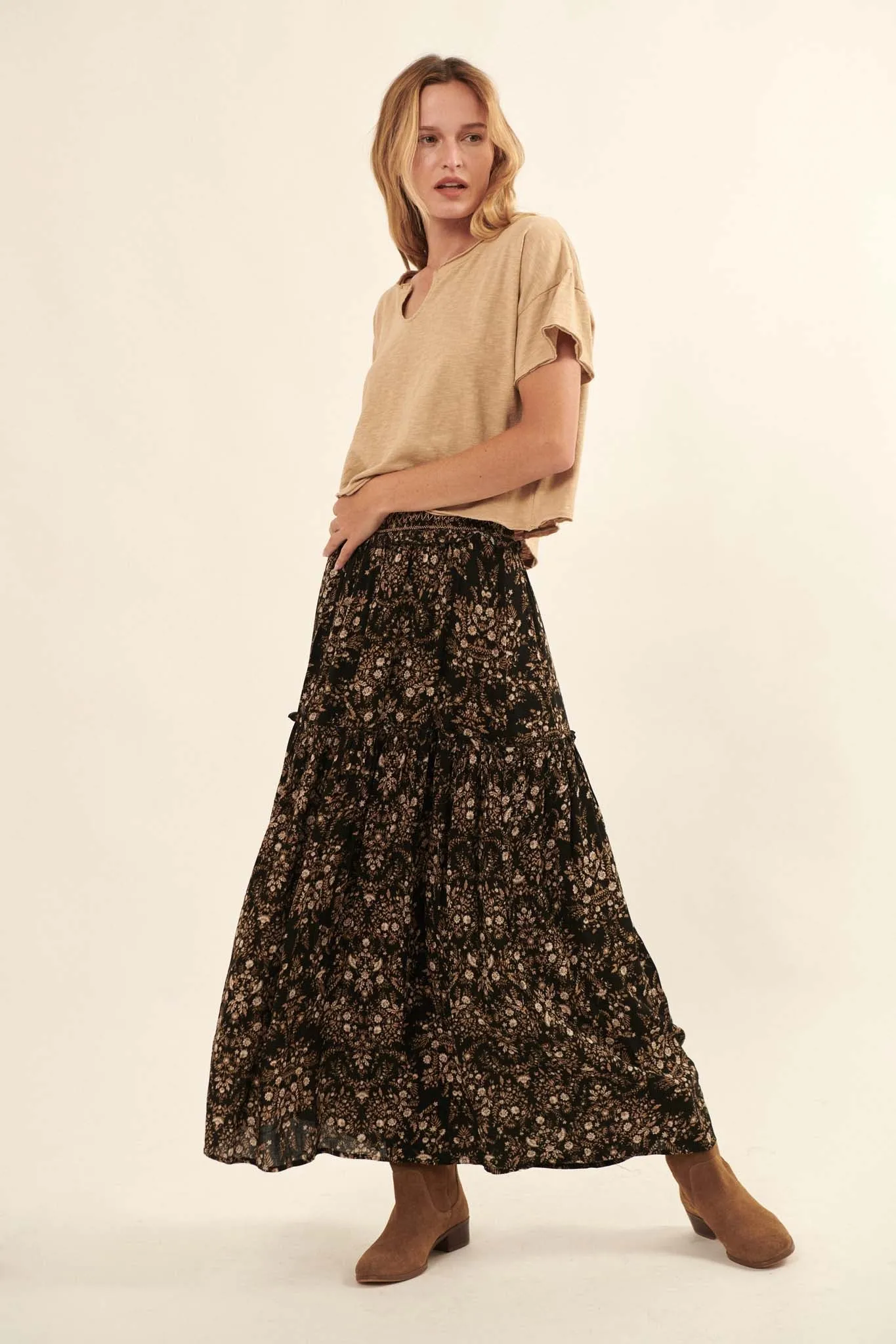 Foreign Fields Smocked Floral Maxi Prairie Skirt