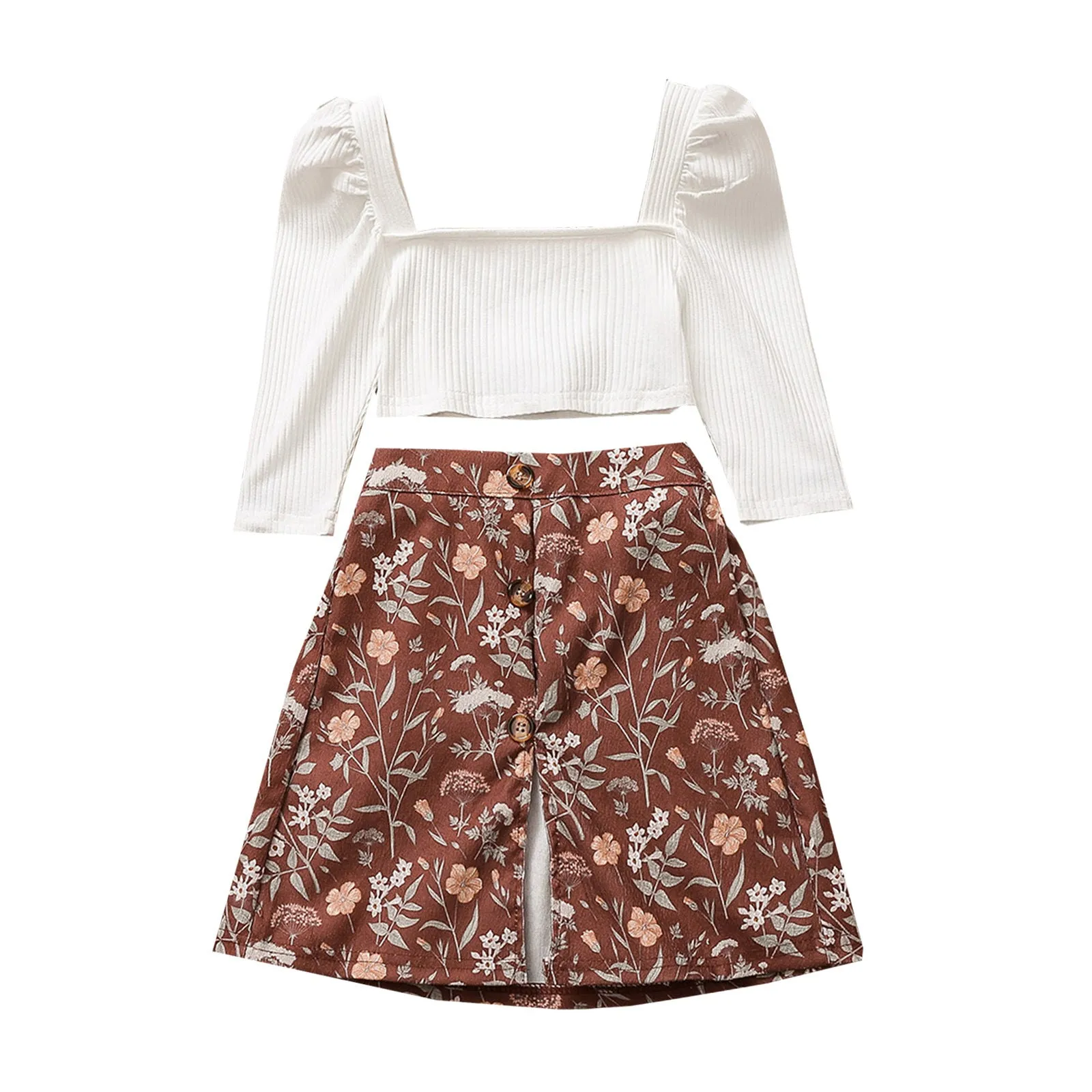 Girls 2 Piece Rib-knit White Crop Tee & Floral Skirt Set