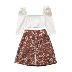 Girls 2 Piece Rib-knit White Crop Tee & Floral Skirt Set