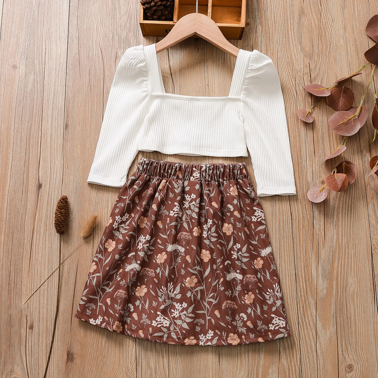 Girls 2 Piece Rib-knit White Crop Tee & Floral Skirt Set