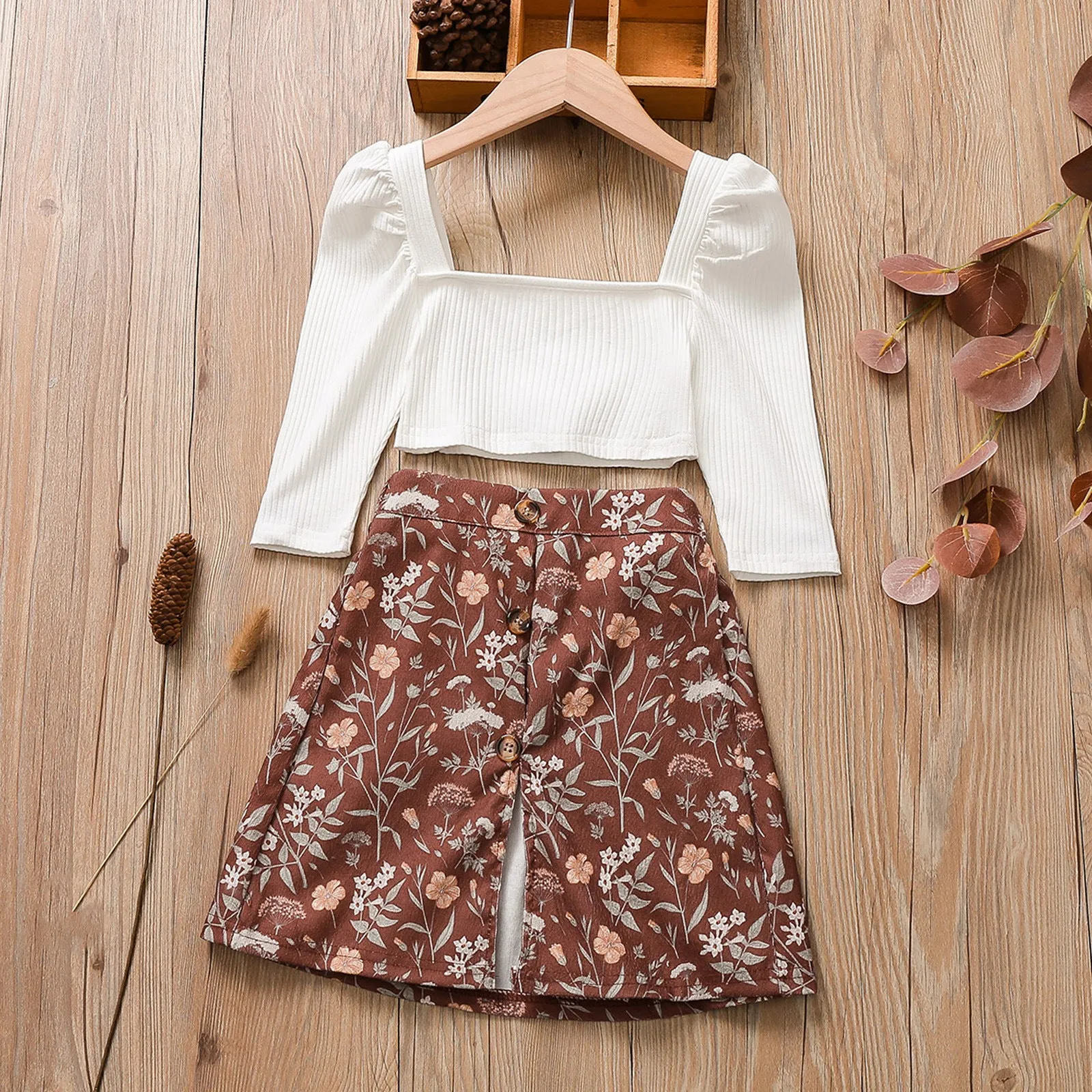 Girls 2 Piece Rib-knit White Crop Tee & Floral Skirt Set