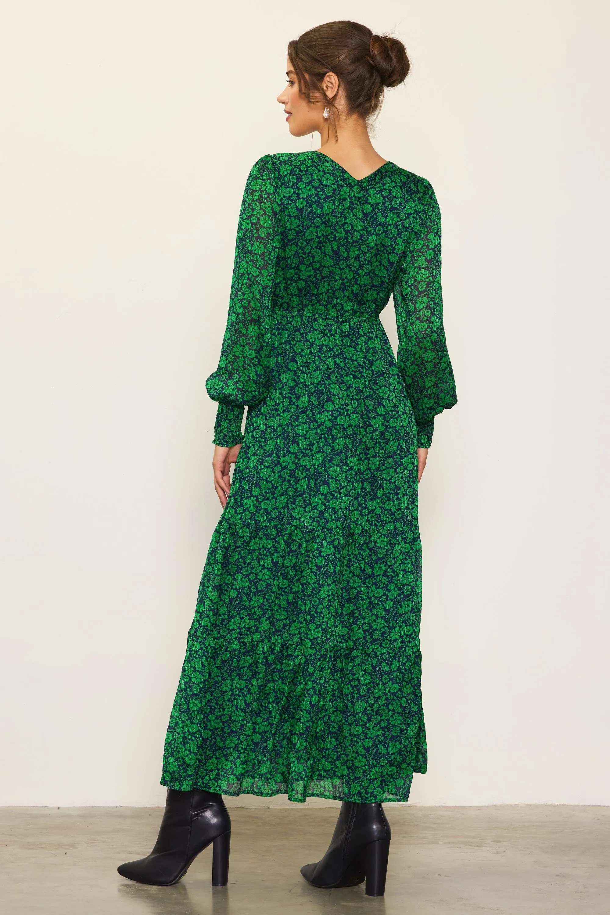 GREEN AND NAVY FLORAL MAXI DRESS WITH SMOCKED CUFFS