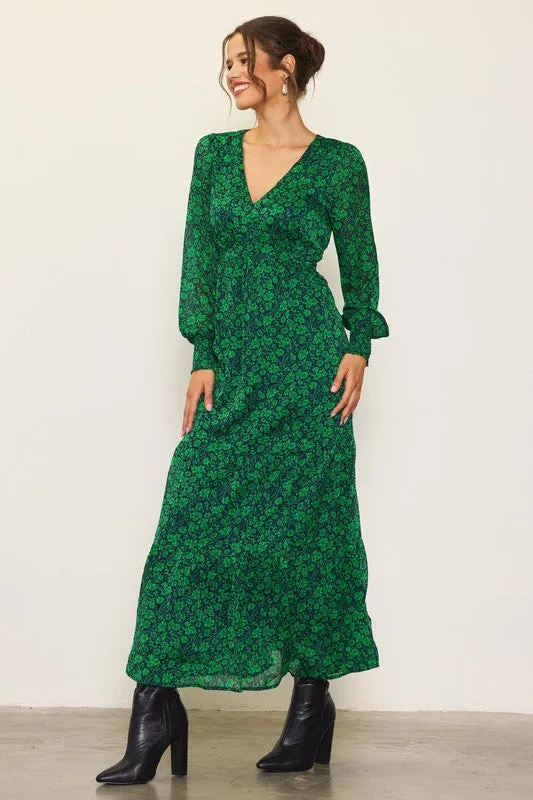 GREEN AND NAVY FLORAL MAXI DRESS WITH SMOCKED CUFFS