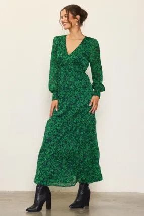 GREEN AND NAVY FLORAL MAXI DRESS WITH SMOCKED CUFFS