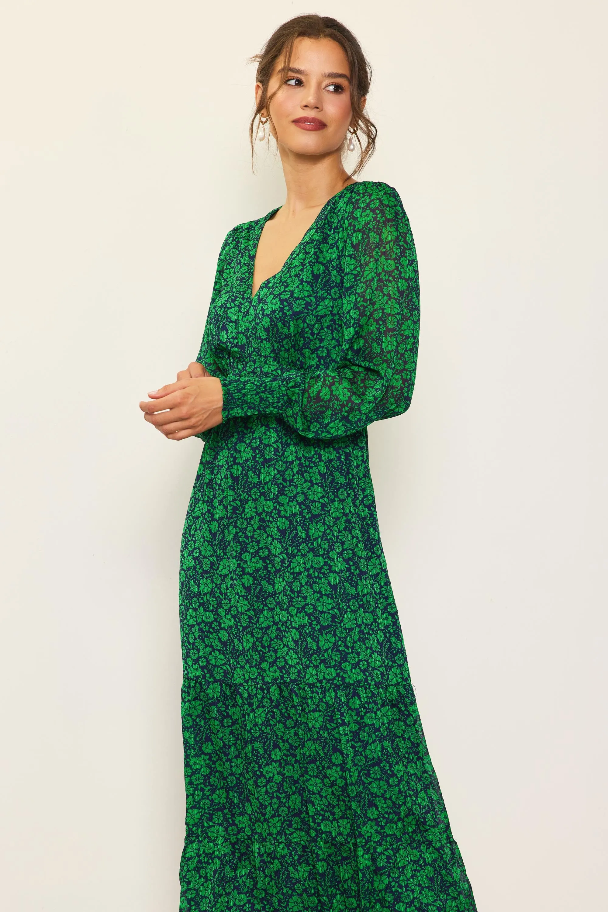 GREEN AND NAVY FLORAL MAXI DRESS WITH SMOCKED CUFFS