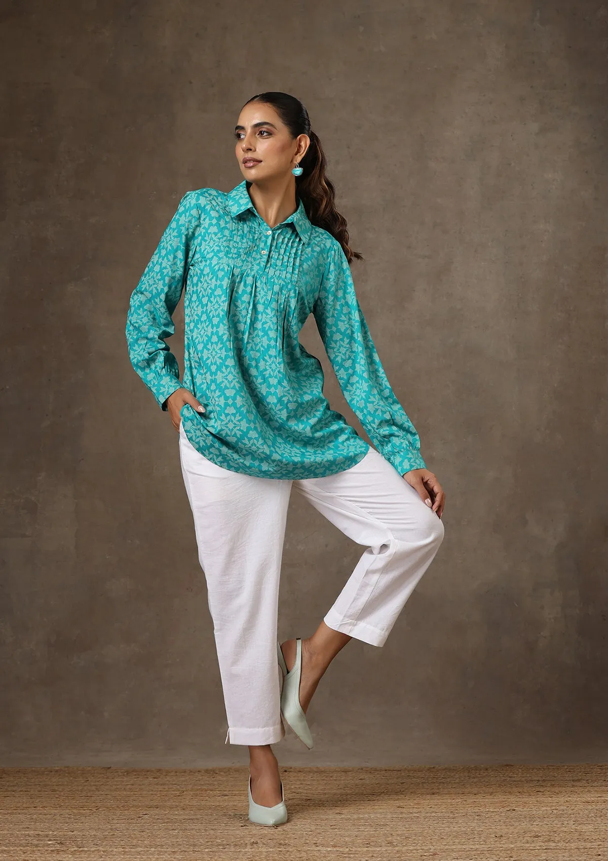 HOC Crafts Rayon Pintucks Printed Women's 2 PC Co-ord Set - Green