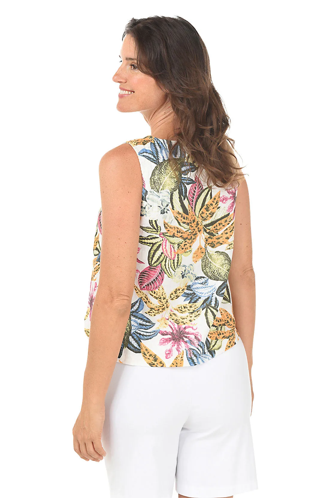Lively Leaves Sleeveless Linen Blouse
