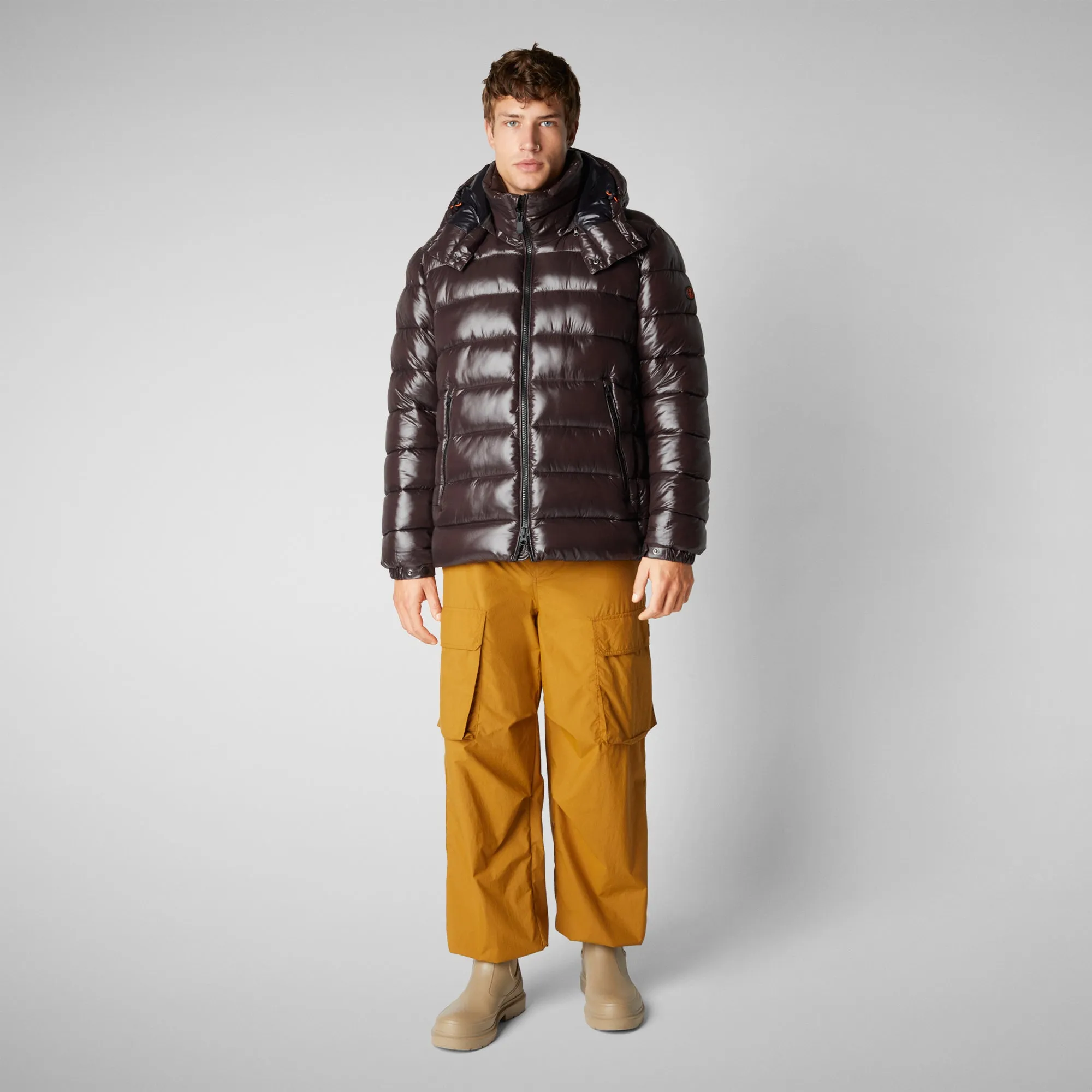 Man's animal free hooded puffer jacket Florian in brown black