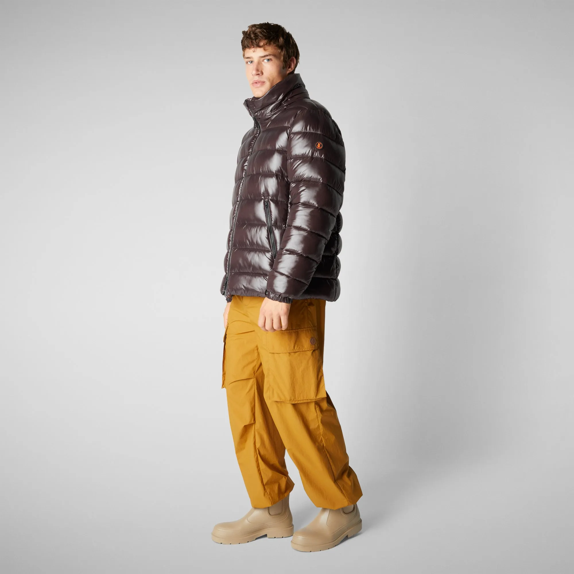 Man's animal free hooded puffer jacket Florian in brown black