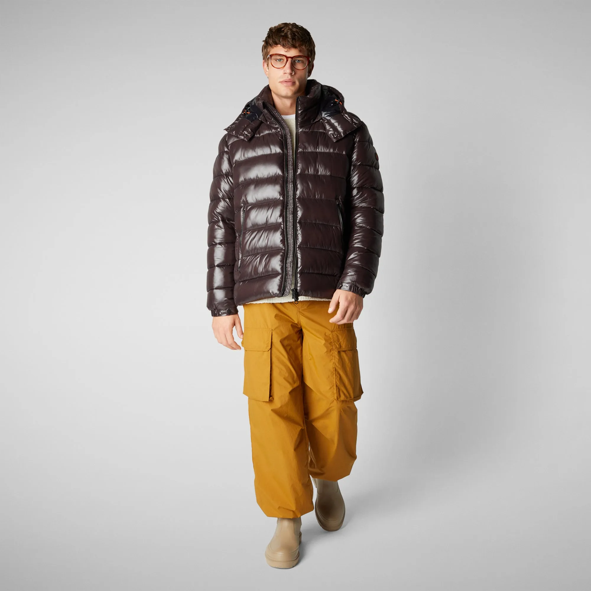 Man's animal free hooded puffer jacket Florian in brown black