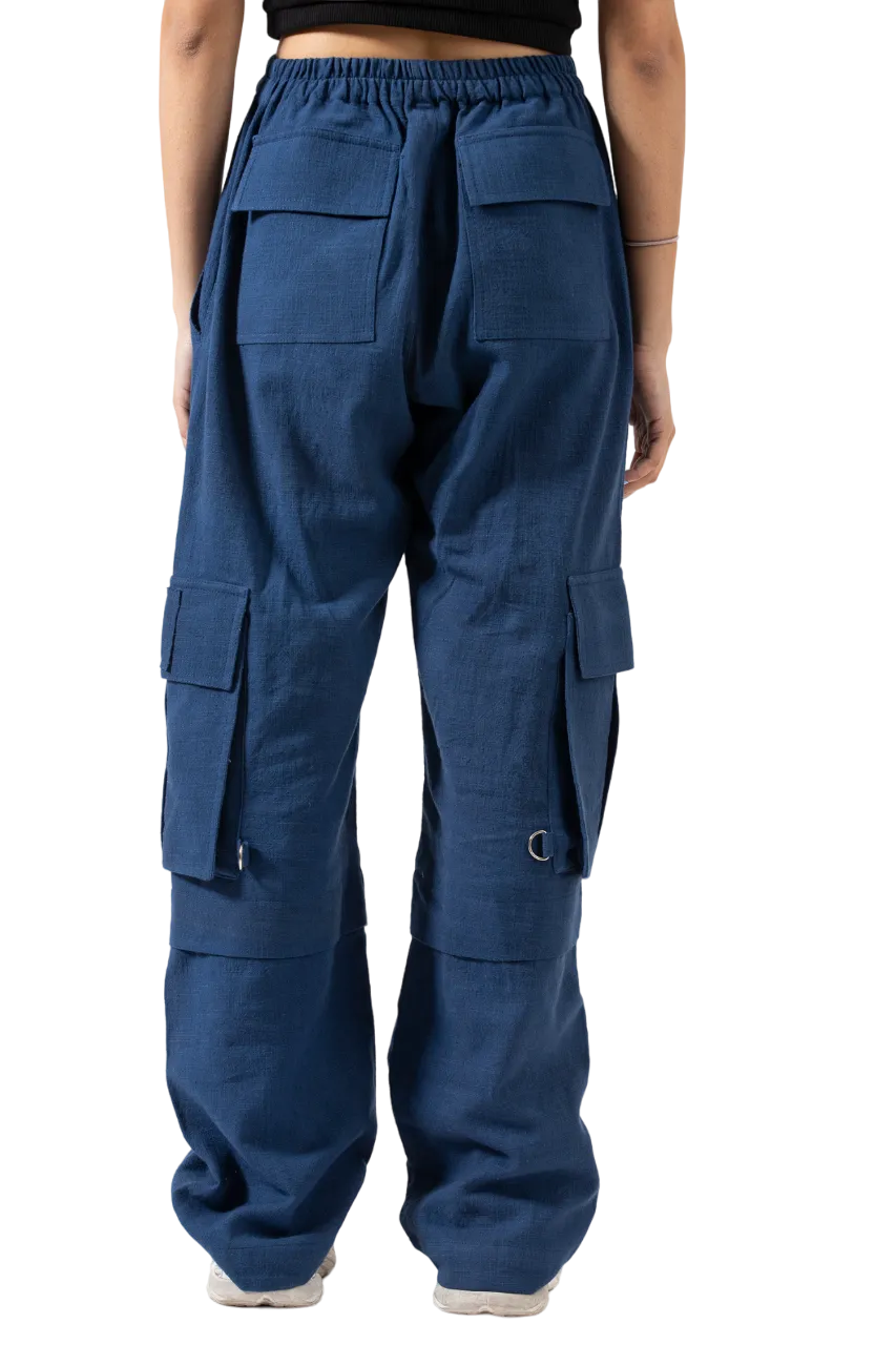 NAVY BLUE HANDWOVEN KHADDAR CARGO PANTS
