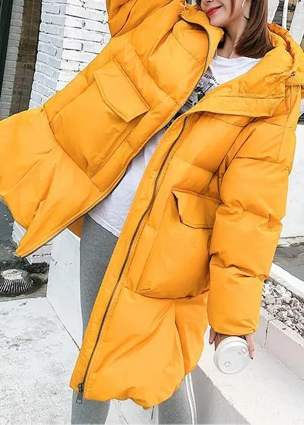 oversized down jacket big pockets winter outwear yellow hooded womens coats
